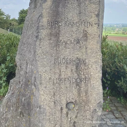 Gravur der Pilgersäule mit den Ortsnamen und der Pilgermuschel Gravur der Pilgersäule mit den Ortsnamen und der Pilgermuschel