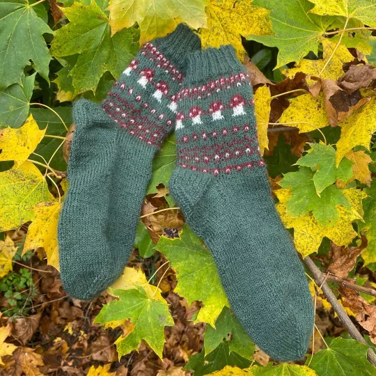 Stricksocken mit plastikfreier Sockenwolle mit Pilzmuster auf Herbstlaub