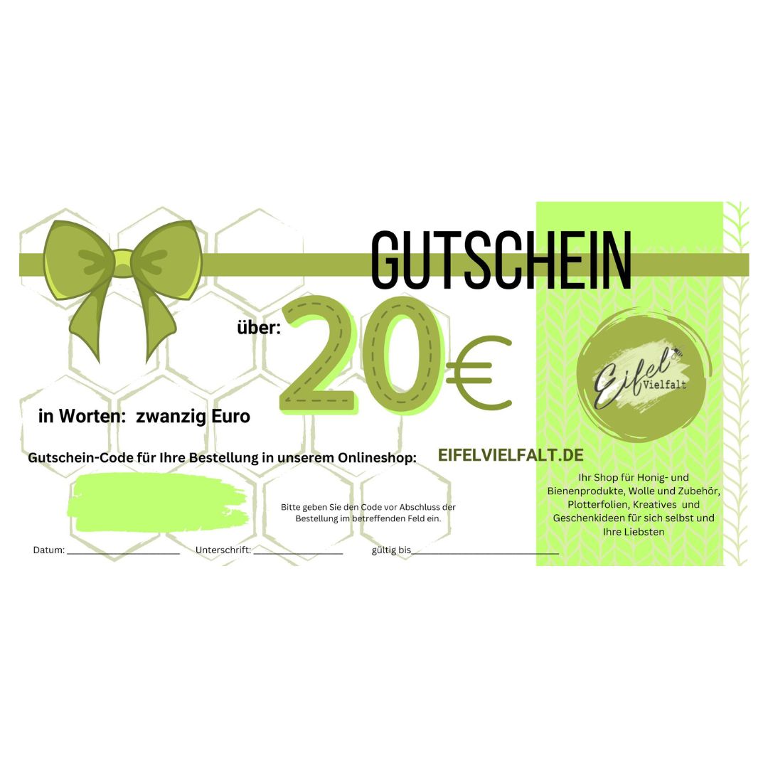 Gutschein zwanzig Euro Geschenkgutschein Warengutschein zum Verschenken Valentinstag Weihnachten Geburtstag Strickgutschein 20