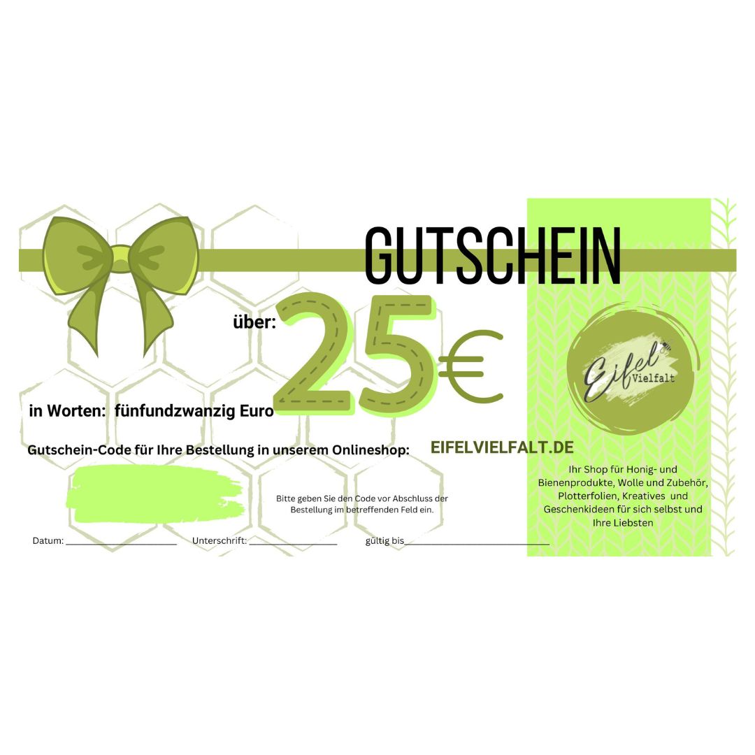 Gutschein fündundzwanzig Euro Geschenkgutschein Warengutschein zum Verschenken Valentinstag Weihnachten Geburtstag Strickgutschein 25