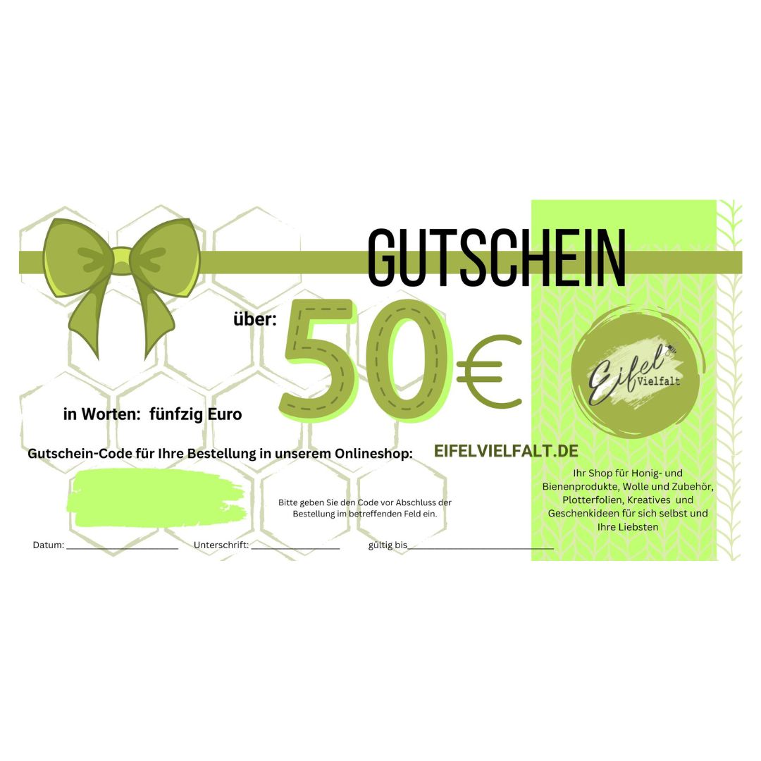 Gutschein fünfzig Euro Geschenkgutschein Warengutschein zum Verschenken Valentinstag Weihnachten Geburtstag Strickgutschein 50