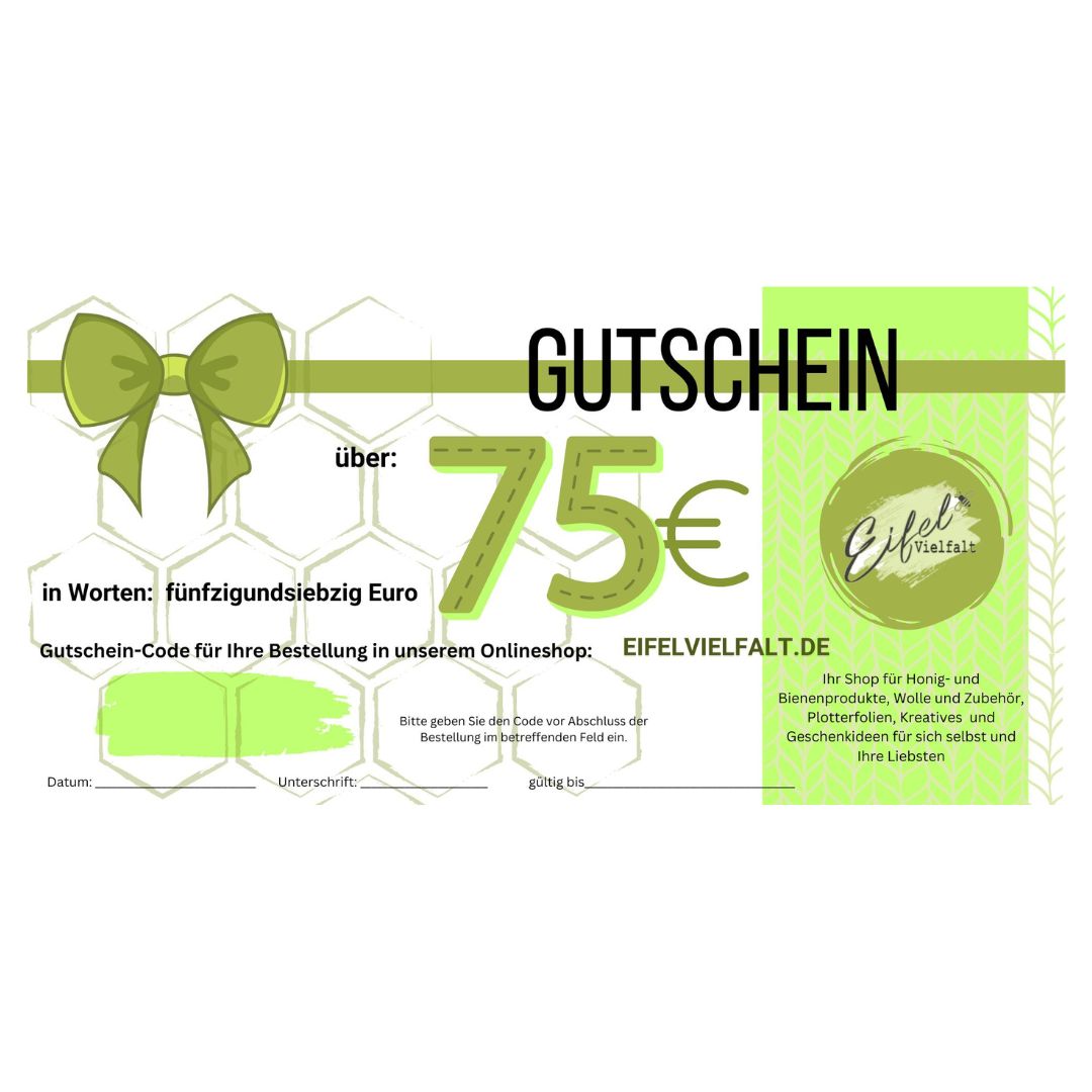 Gutschein fünfundsiebzig Euro Geschenkgutschein Warengutschein zum Verschenken Valentinstag Weihnachten Geburtstag Strickgutschein 75