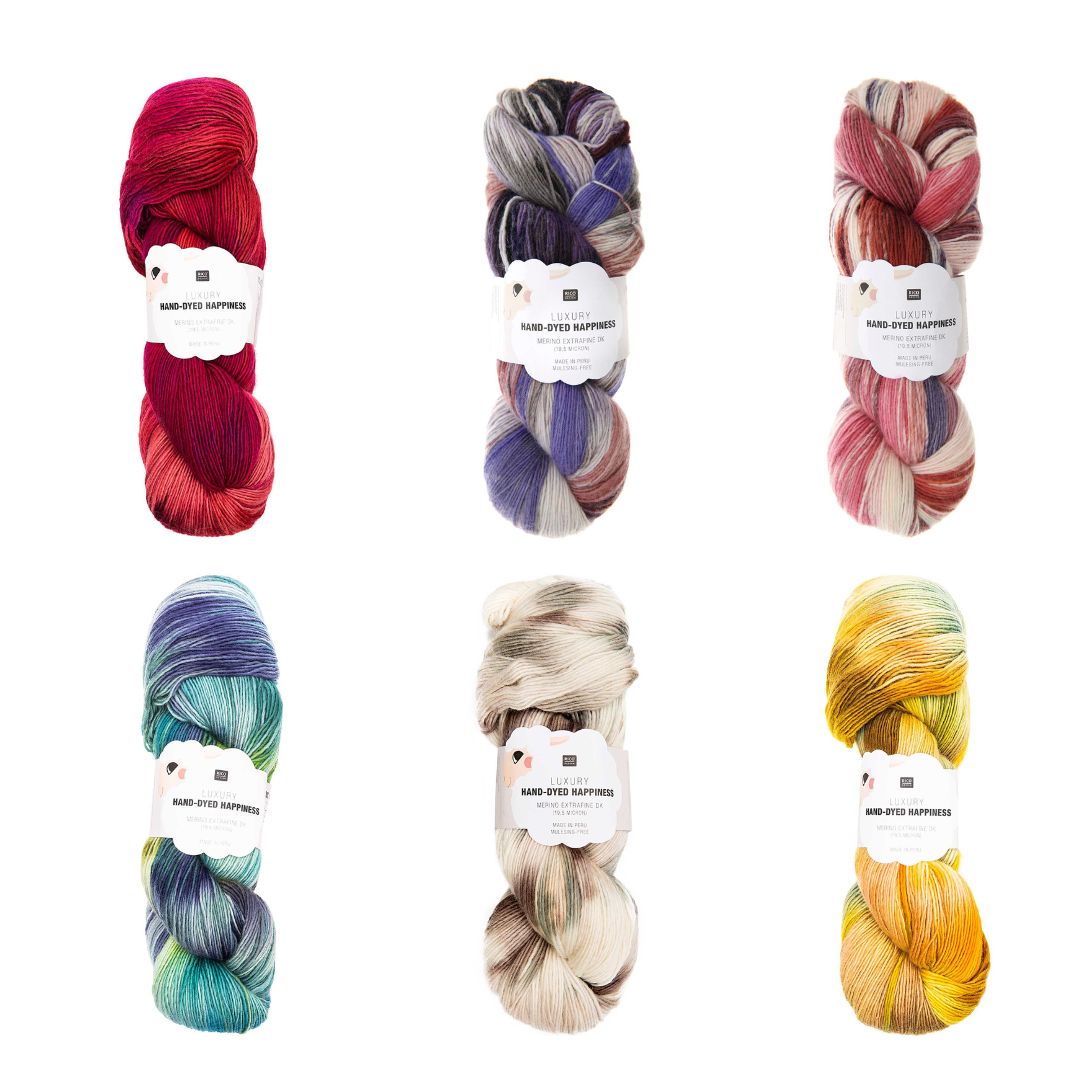 Luxury Hand Dyed Happiness dk 100g 390m Farbauswahl Gruppenbild