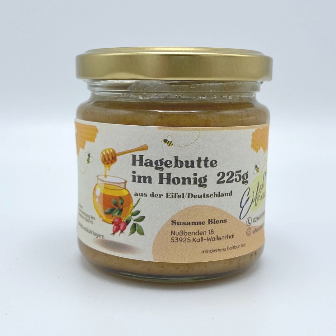 Hagebutte im Honig Einzelglas 225g Honigmischung im Porridge oder Tee