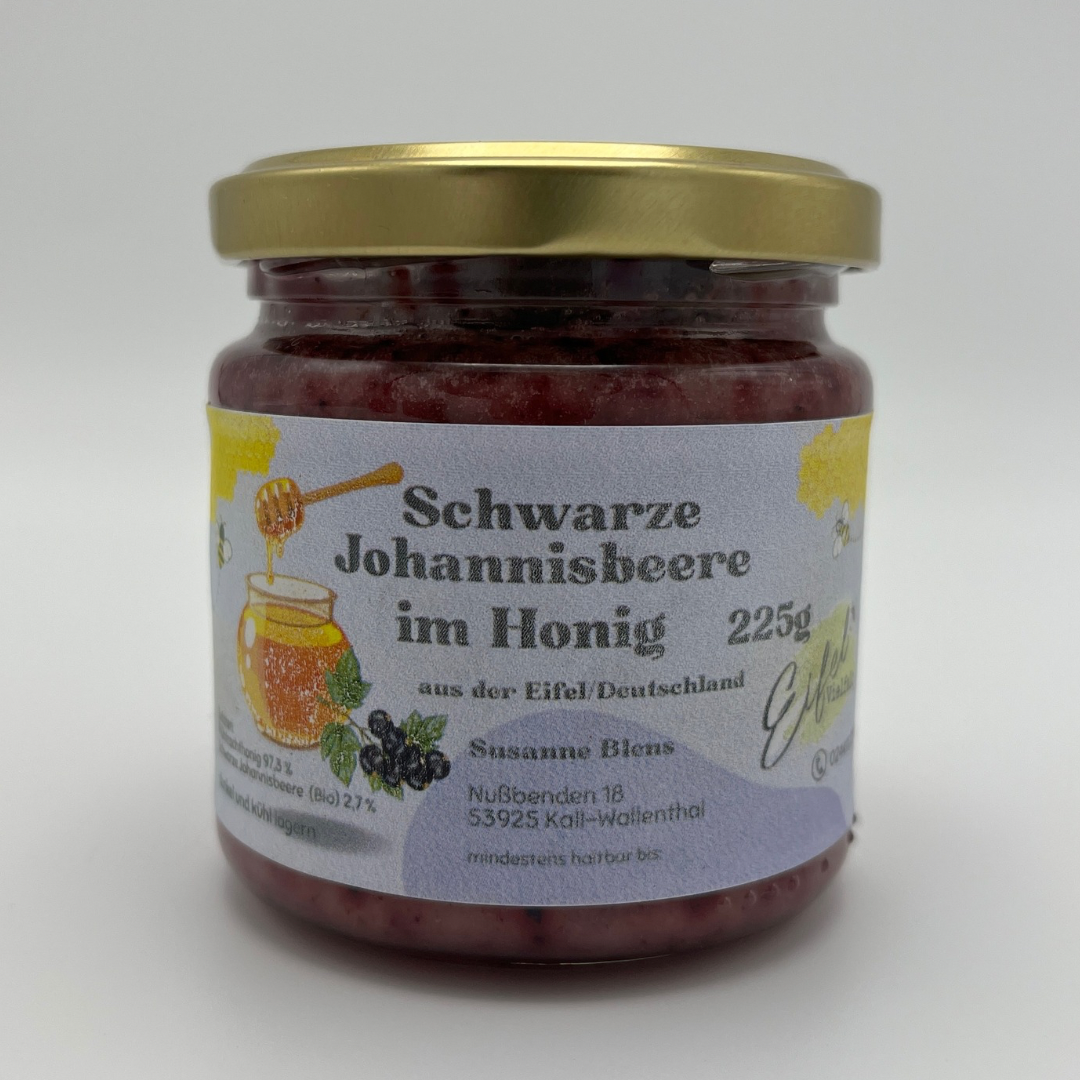 Schwarze Johannisbeere im Honig 225g Honigmischung Honigspezialität