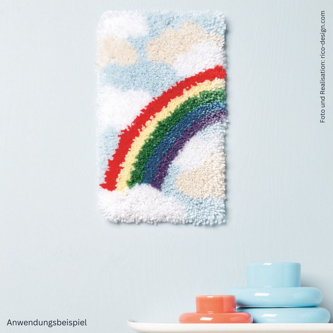 Hooki Hooki Latch Hooking Wandbehang Regenbogen mit Wolken Anwendungsbeispiel für Knüpftechnik und Knüpfen