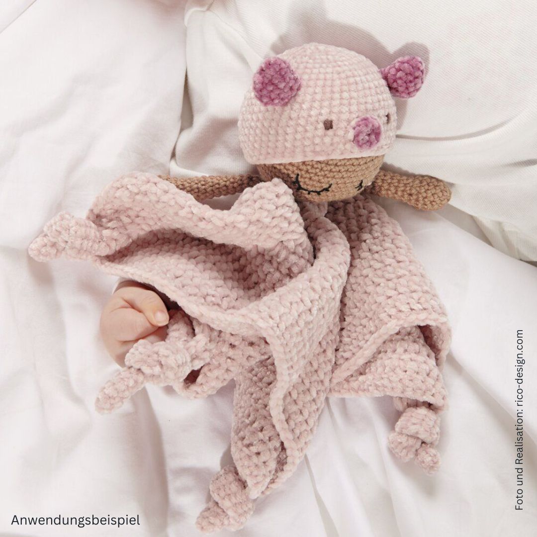 	

Baby Blankie Schmusetuch aus Chenillegarn und Baumwolle gehäkelt mit Baby Schweinchen