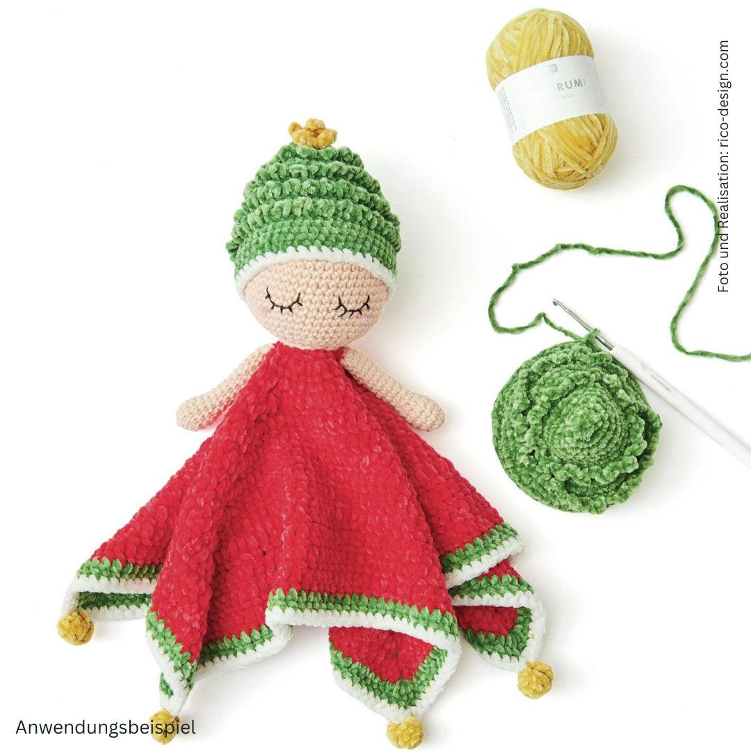 	

Baby Blankie Schmusetuch aus Chenillegarn und Baumwolle gehäkelt Weihnachtself mit Garn