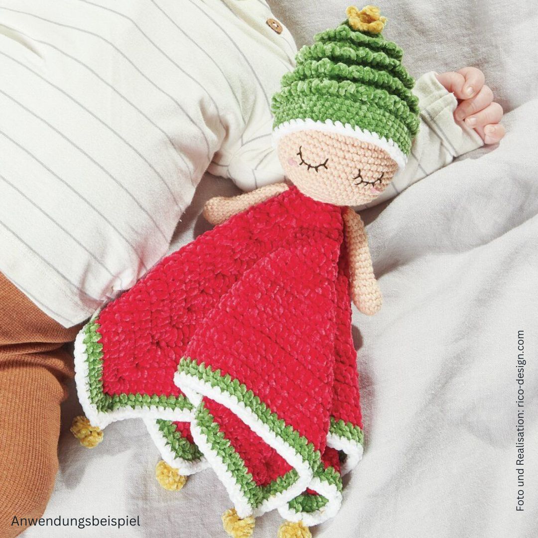 	

Baby Blankie Schmusetuch aus Chenillegarn und Baumwolle gehäkelt mit Baby Weihnachtself