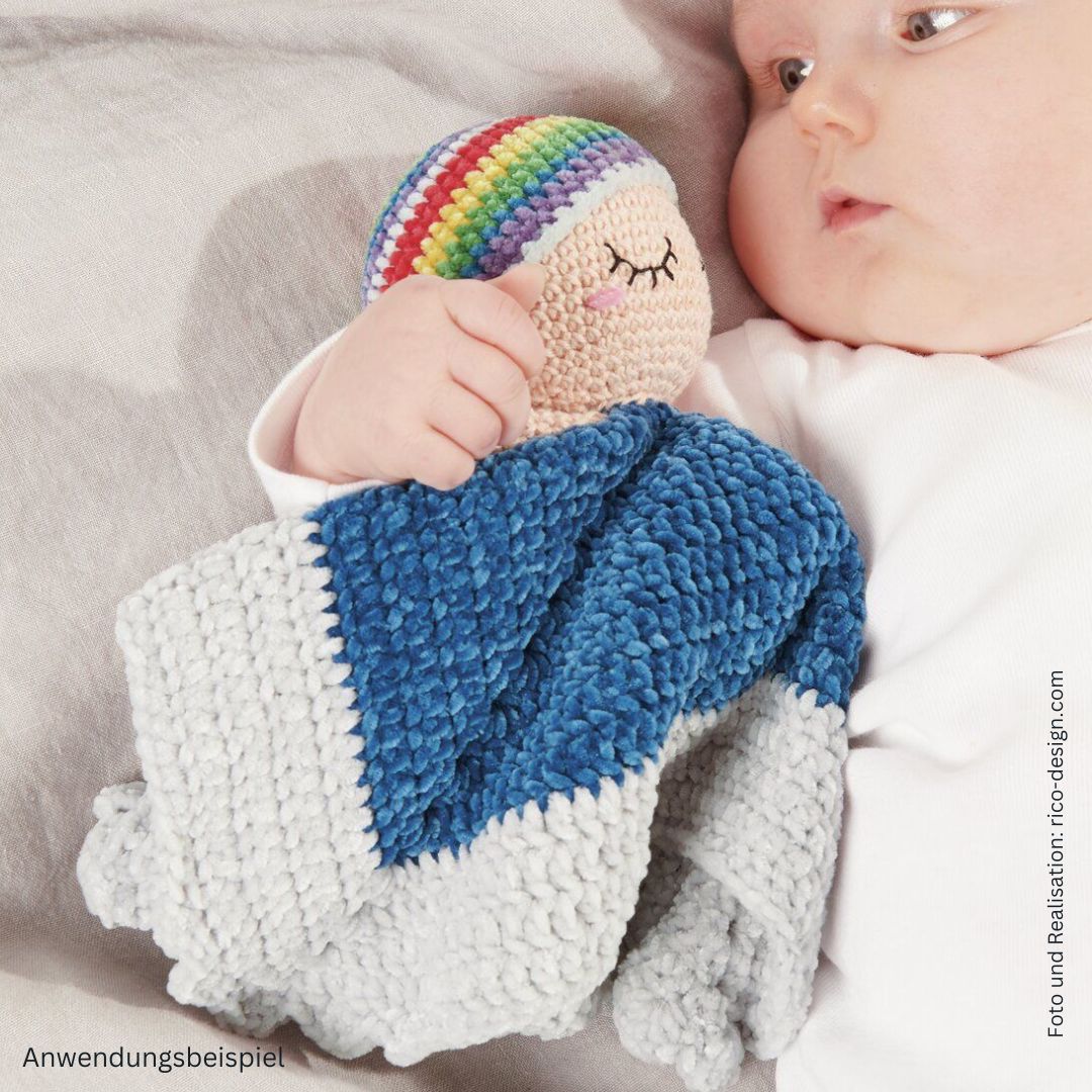 	

Baby Blankie Schmusetuch aus Chenillegarn und Baumwolle gehäkelt mit Baby Regenbogen