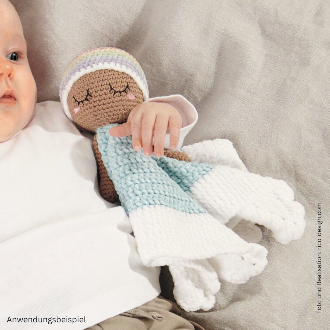 Baby Blankie Schmusetuch aus Chenillegarn und Baumwolle gehäkelt mit Baby Wolke