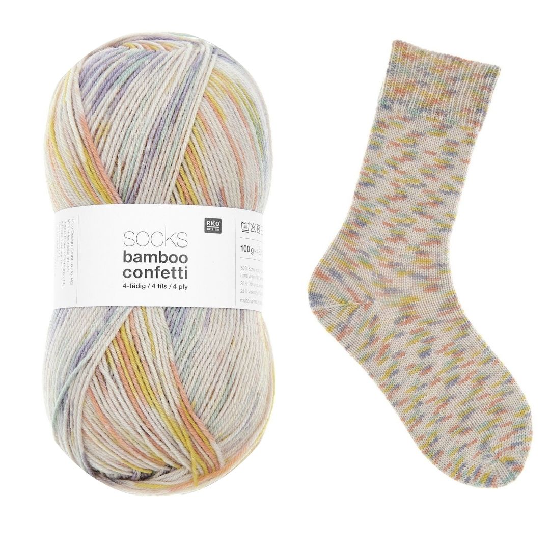 	

Socks bamboo confetti 100g 4 ply 420m Farbe 052 summer 50% Schurwolle 25%Viskose 25% Polyamid Sockenstricken Knäuel