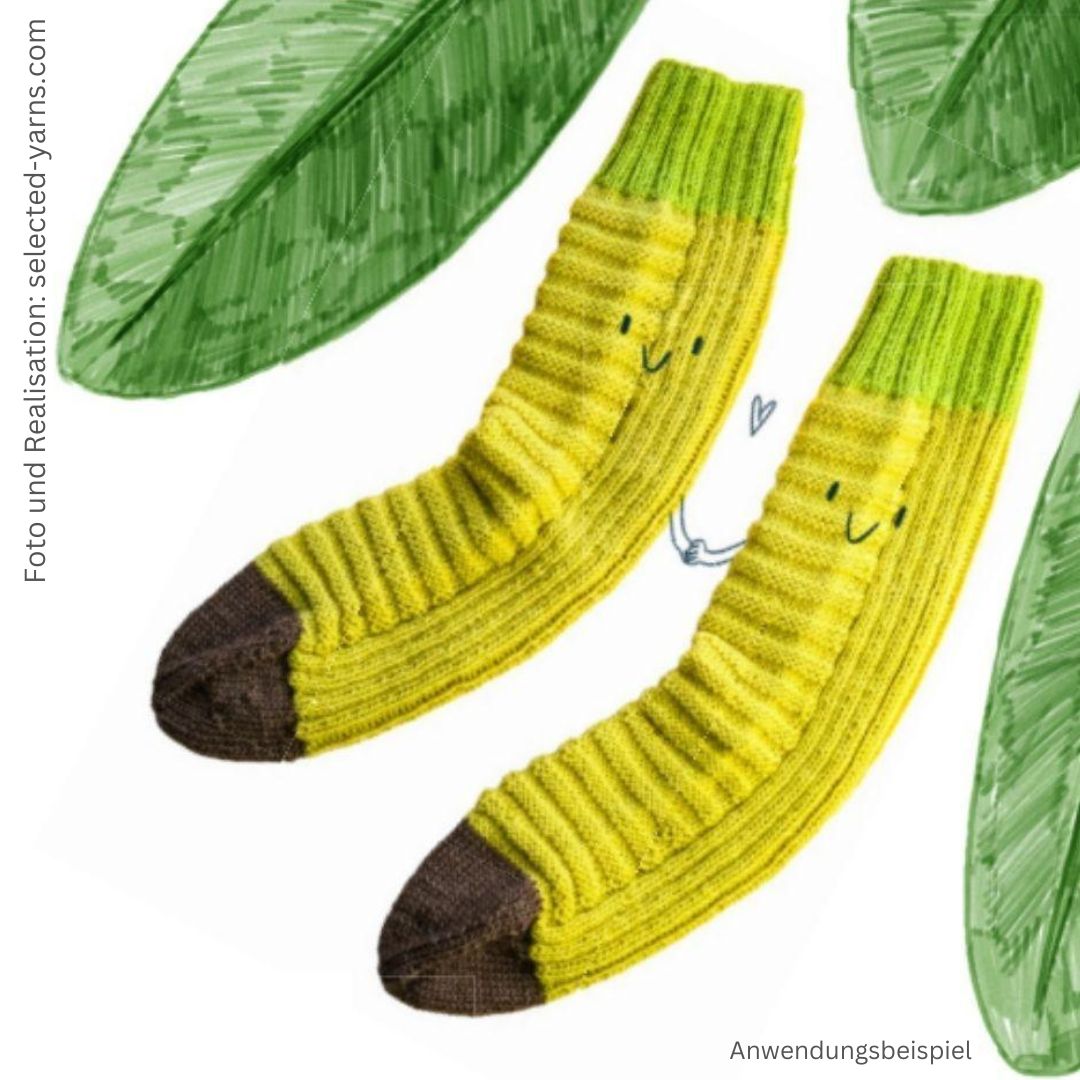 Socken stricken im Obststil, Banane, Bananensocken mit Kremke Soul Wool Edelweiß Alpaka 4-fach