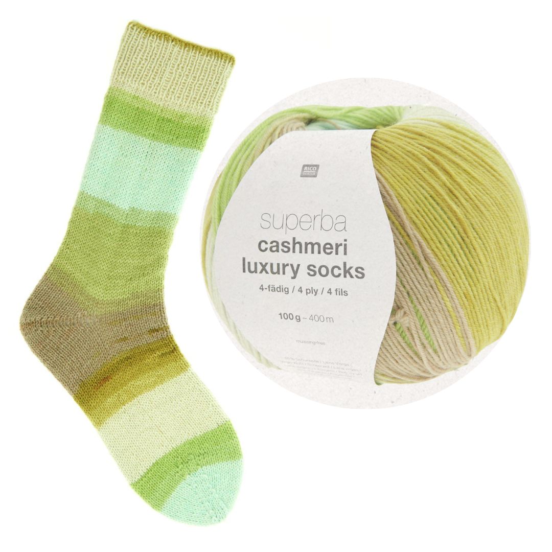 Sockenwolle cashmeri fresh limes Farbe 039 100g Knäuel und Socke gestrickt in Grün-Farbverflaufs-Tönen