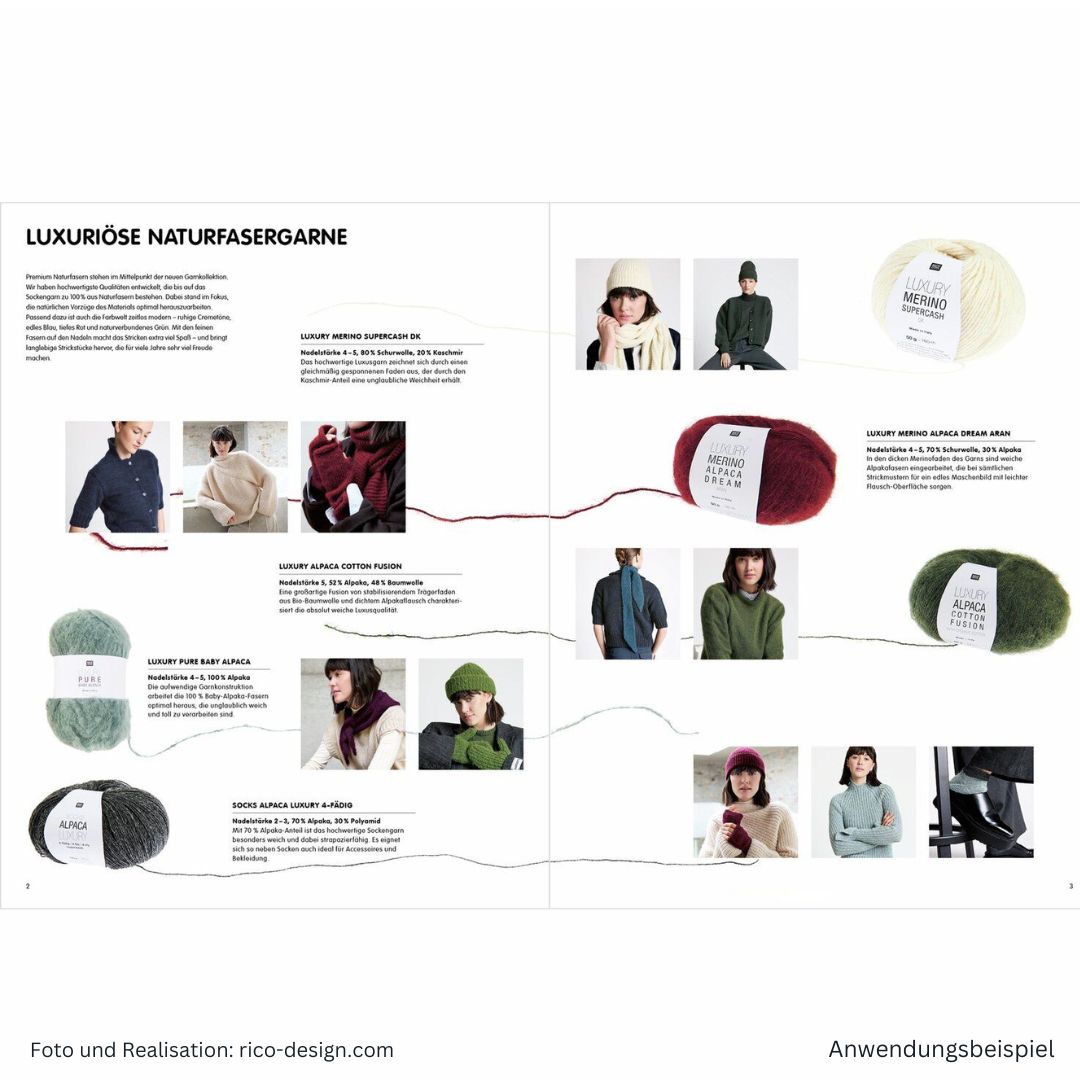 Anleitungsheft zum Stricken Luxury Knits Premium Natural Fibres - Seite 2 und 3 mit unterschiedlichen Strickmodellen und Woll-Erklärungen
