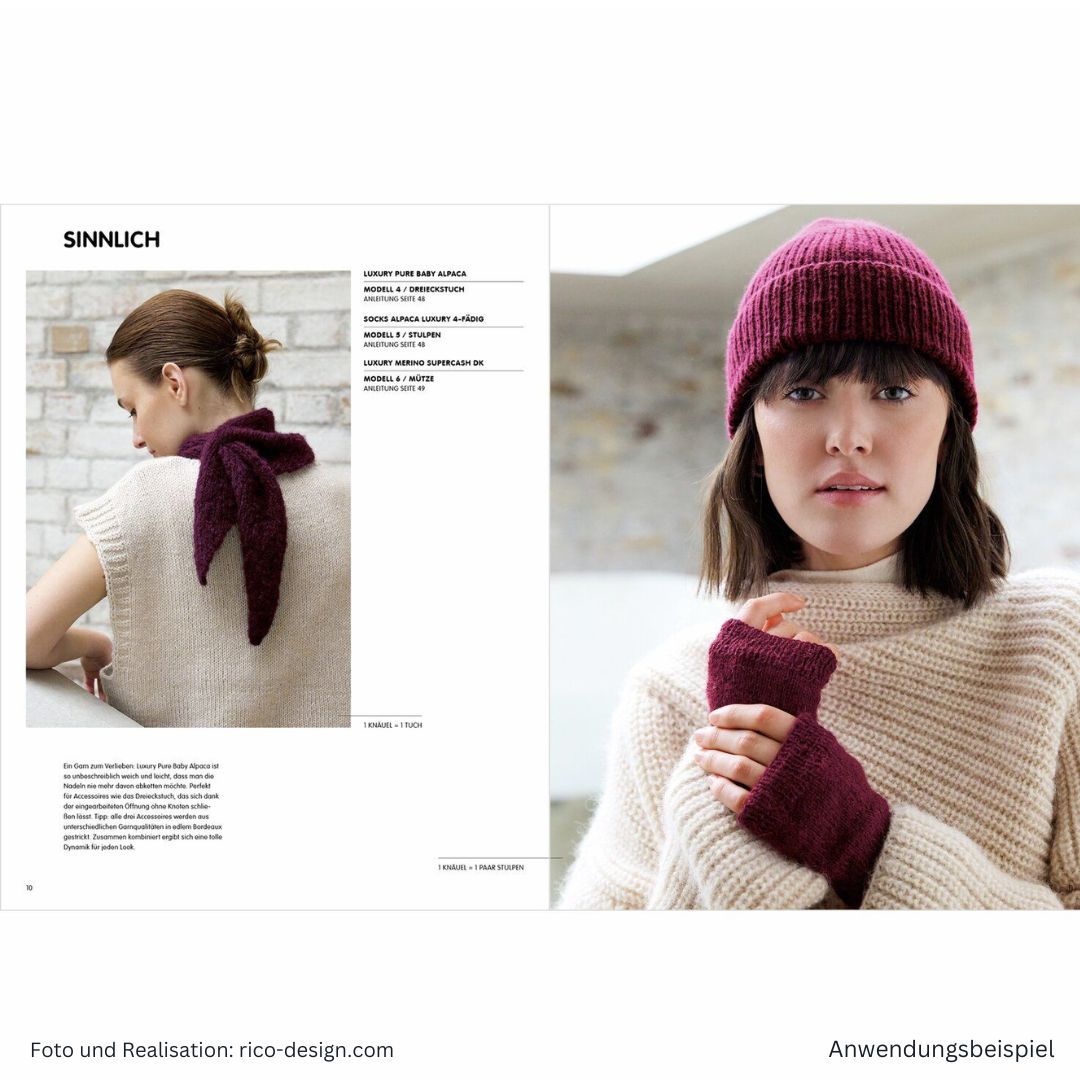 Anleitungsheft zum Stricken Luxury Knits Premium Natural Fibres - Seite 10 und 11 mit Strickmodellen in weinrot