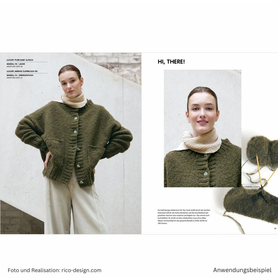 Anleitungsheft zum Stricken Luxury Knits Premium Natural Fibres - Seite 38 und 39 mit Strickmodellen in oliv