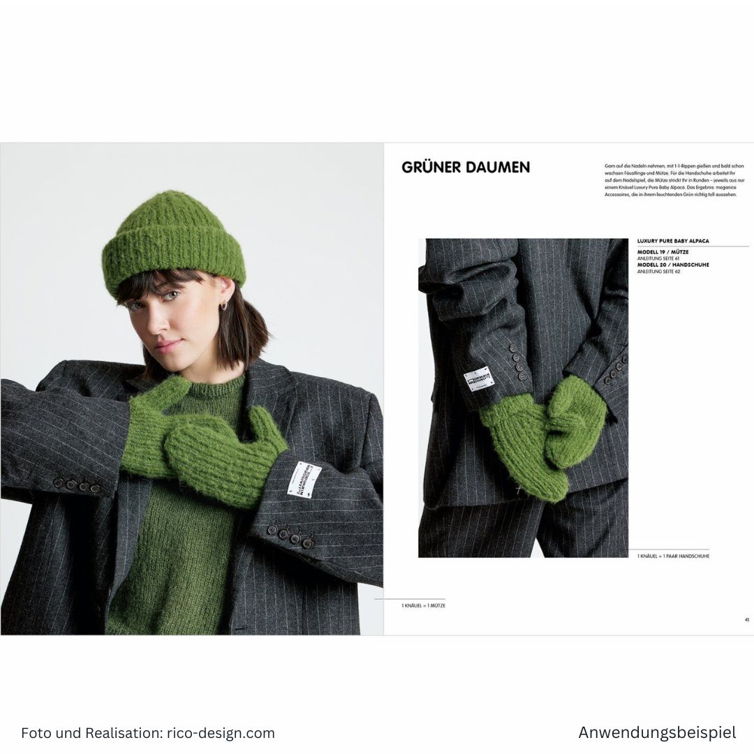 Anleitungsheft zum Stricken Luxury Knits Premium Natural Fibres - Seite 40 und 41 mit Strickmodellen aus Alpaka in aloe
