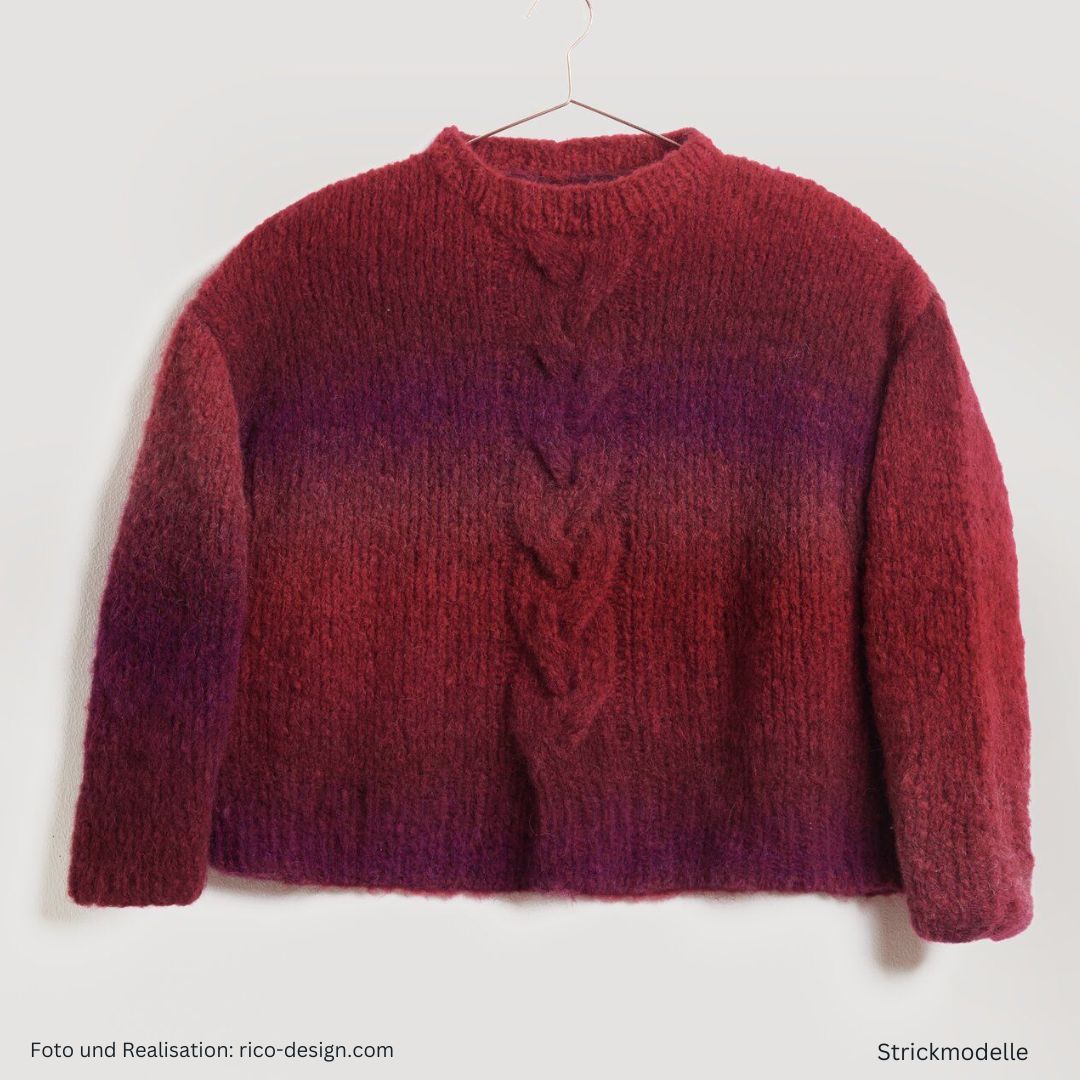 Lovewool Nr. 21 Strickanleitung Pullover mit Zopfmuster rot/weinrot-Verlaufsfarben