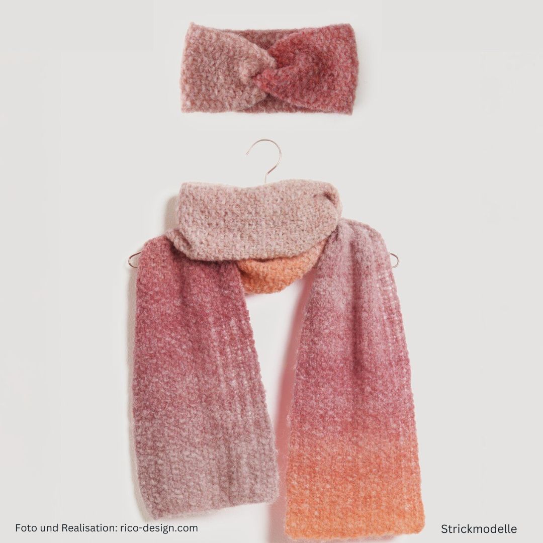 Lovewool Nr. 21 Strickanleitung Schal und Stirnband in rosa-/orange-Tönen Verlaufsfarben