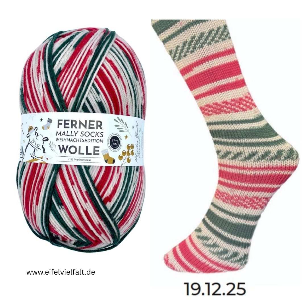 Ferner Mally Socks Sockenwolle Weihnachtsedition Knäuel und gestrickte Socke 2025 Farbe 19.12.25 flaschengrün/rot/wollweiß gestreift und kariert