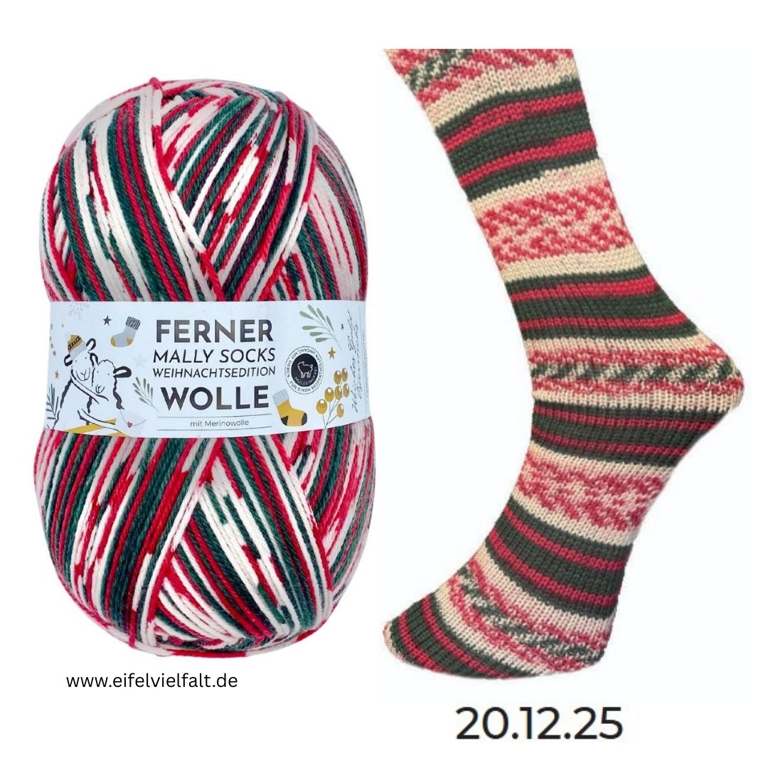 Ferner Mally Socks Sockenwolle Weihnachtsedition Knäuel und gestrickte Socke 2025 Farbe 20.12.25 tannengrün/wollweiß/rot mit weihnachtlichen Zacken gestreift