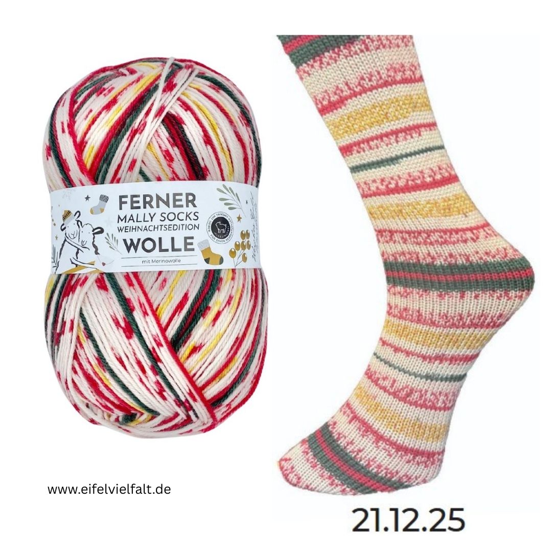 Ferner Mally Socks Sockenwolle Weihnachtsedition Knäuel und gestrickte Socke 2025 Farbe 21.12.25 flaschengrün/rot/wollweiß/gelb gemustert