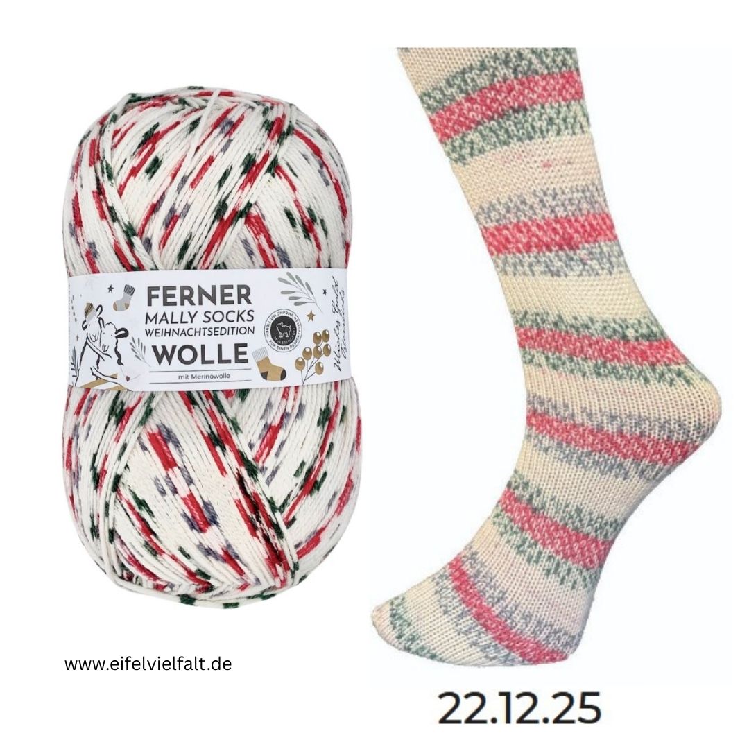Ferner Mally Socks Sockenwolle Weihnachtsedition Knäuel und gestrickte Socke 2025 Farbe 22.12.25 rot/wollweiß/grün gesprenkelt