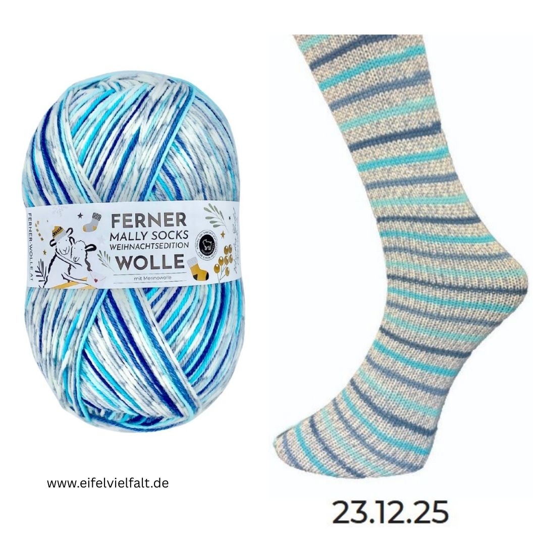 Ferner Mally Socks Sockenwolle Weihnachtsedition Knäuel und gestrickte Socke 2025 Farbe 23.12.25 blau/türkis/hellgrau gestreift