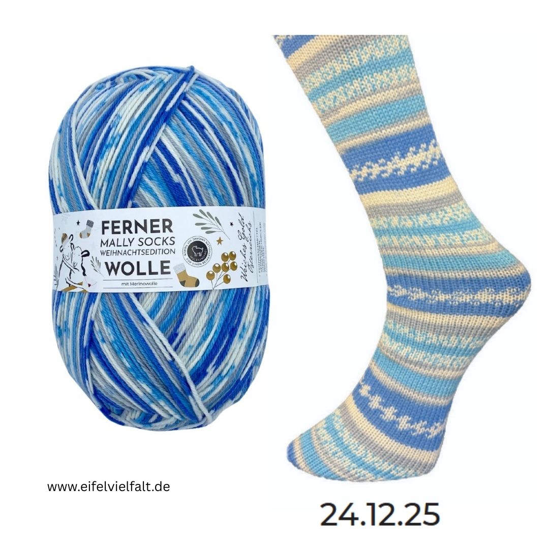 	

Ferner Mally Socks Sockenwolle Weihnachtsedition Knäuel und gestrickte Socke 2025 Farbe 24.12.25 blau/grau/wollweiß-Töne