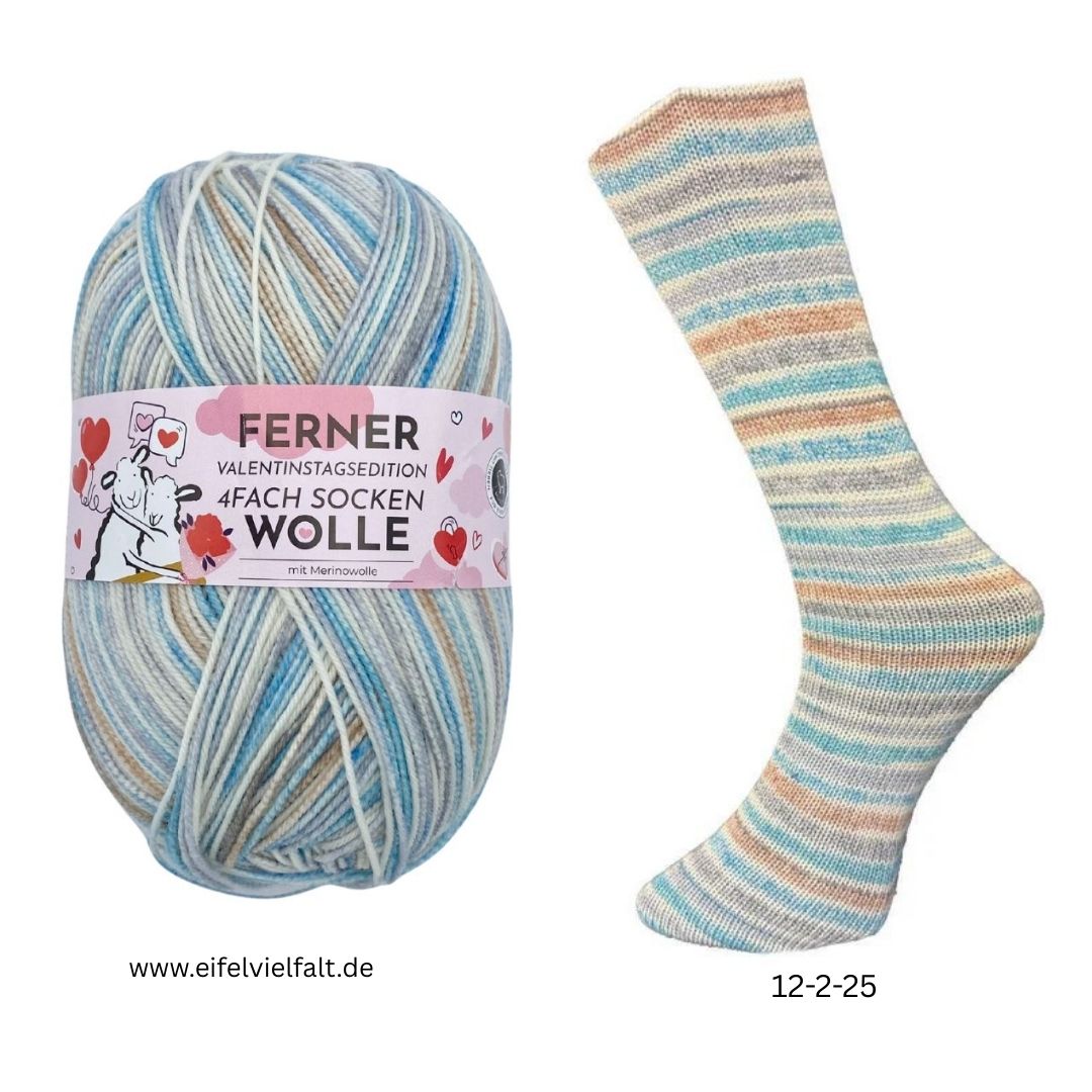 	

Ferner Sockenwolle und gestrickter Strumpf mit Valentinsedition 2025 Farbe 12-2-25 türkis orange grau