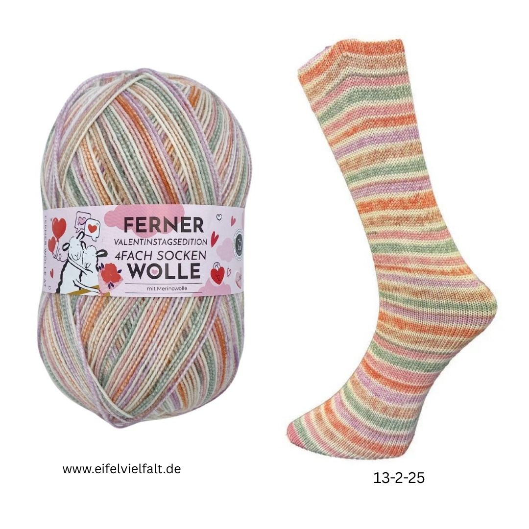 Ferner Sockenwolle und gestrickter Strumpf mit Valentinsedition 2025 Farbe 13-2-25 rosa orange grün