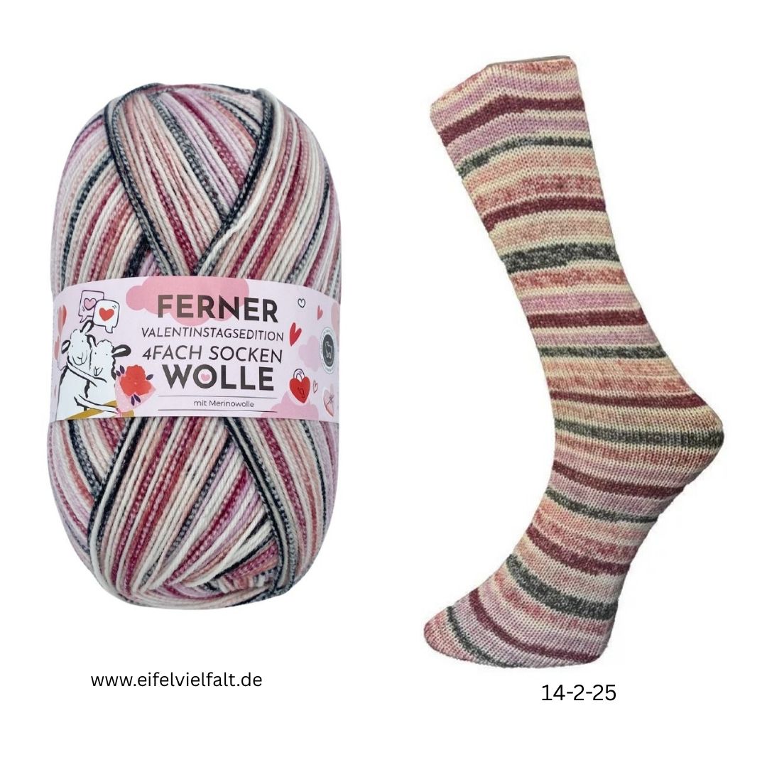 	

Ferner Sockenwolle und gestrickter Strumpf mit Valentinsedition 2025 Farbe 14-2-25 rosa rot grün