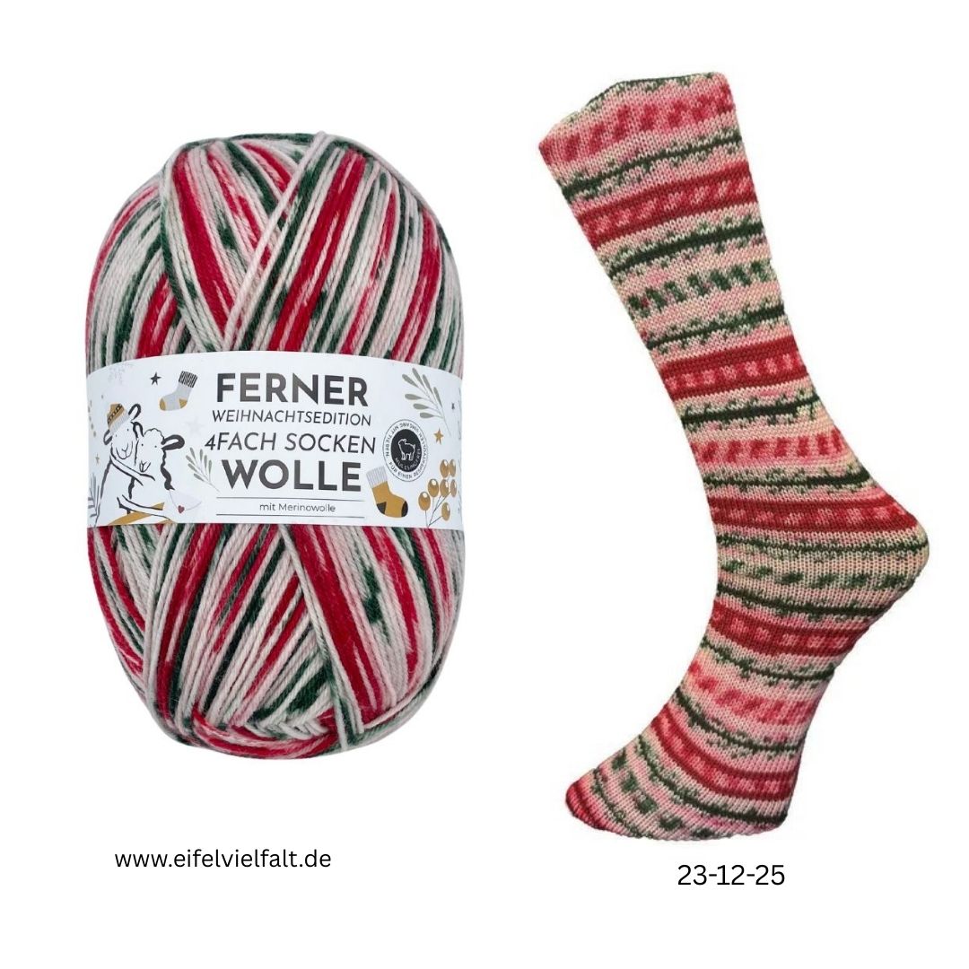 	

Ferner Sockenwolle und gestrickter Strumpf mit Weihnachtsedition 2025 Farbe 22-12-25 rot grün wollweiß