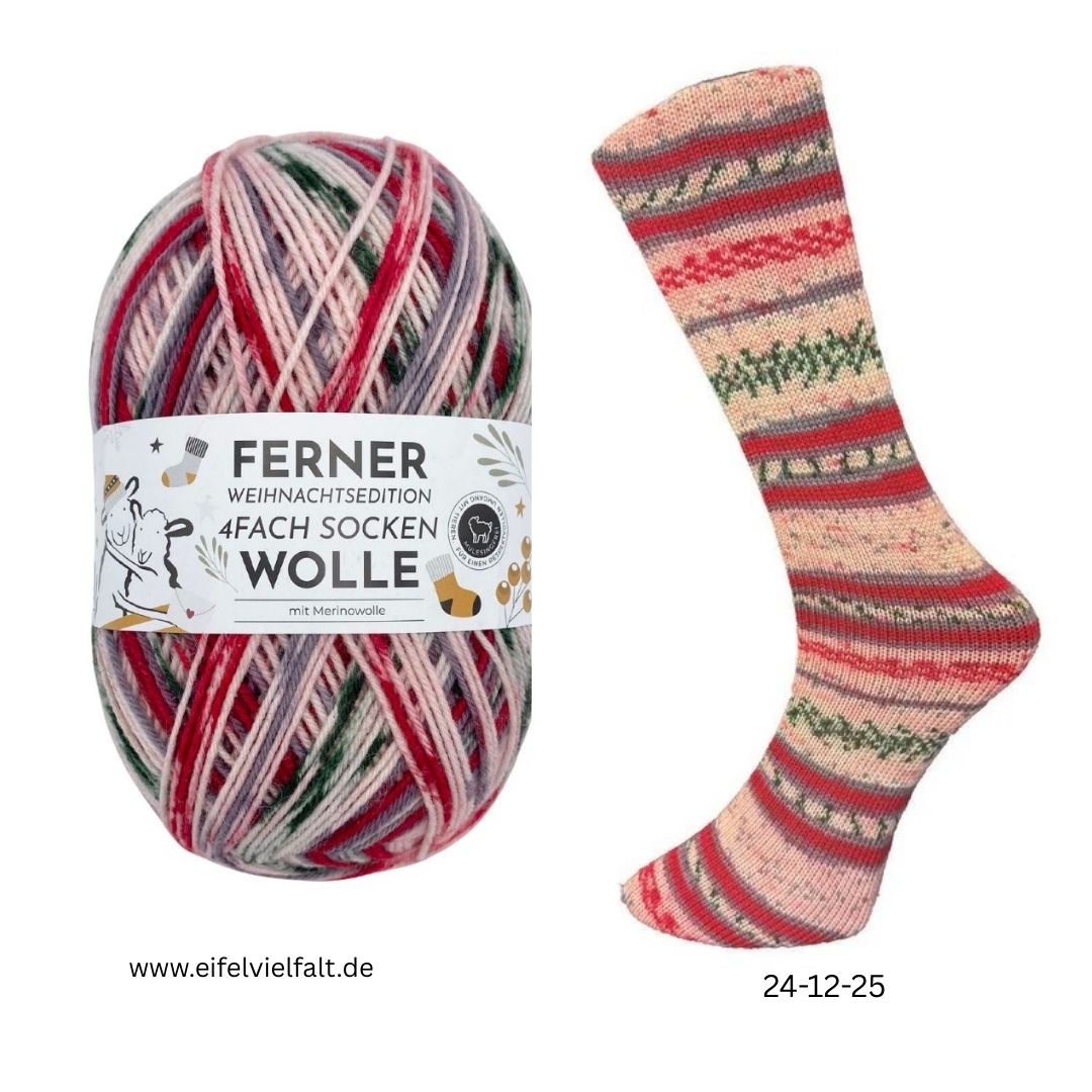 	

Ferner Sockenwolle und gestrickter Strumpf mit Weihnachtsedition 2025 Farbe 24-12-25 wollweiß grün rot grau