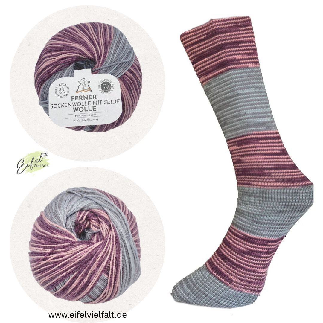 Ferner Sockenwolle mit 20% Seide 100g 4-fach zum Sockenstricken - gestrickte Socke und Knäuel in Farbe beere-grau Nr. 724/24