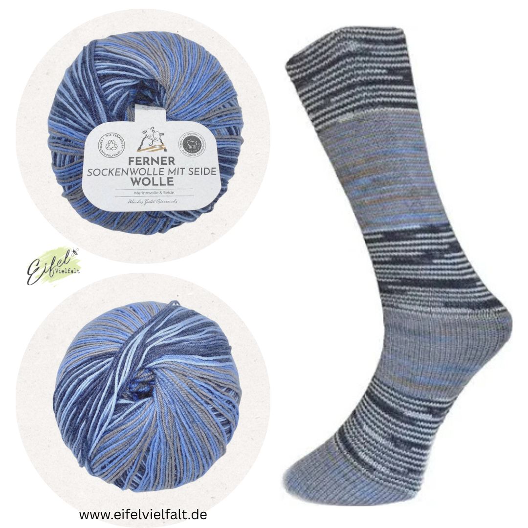 Ferner Sockenwolle mit 20% Seide 100g 4-fach zum Sockenstricken - gestrickte Socke und Knäuel in Farbe grau-blau Nr. 722/24