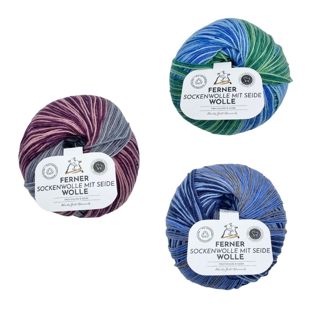 Ferner Sockenwolle mit 20% Seide 100g 4-fach zum Sockenstricken Farbauswahl in grün-blau, beere-grau und blau-grau - je 1 Knäuel