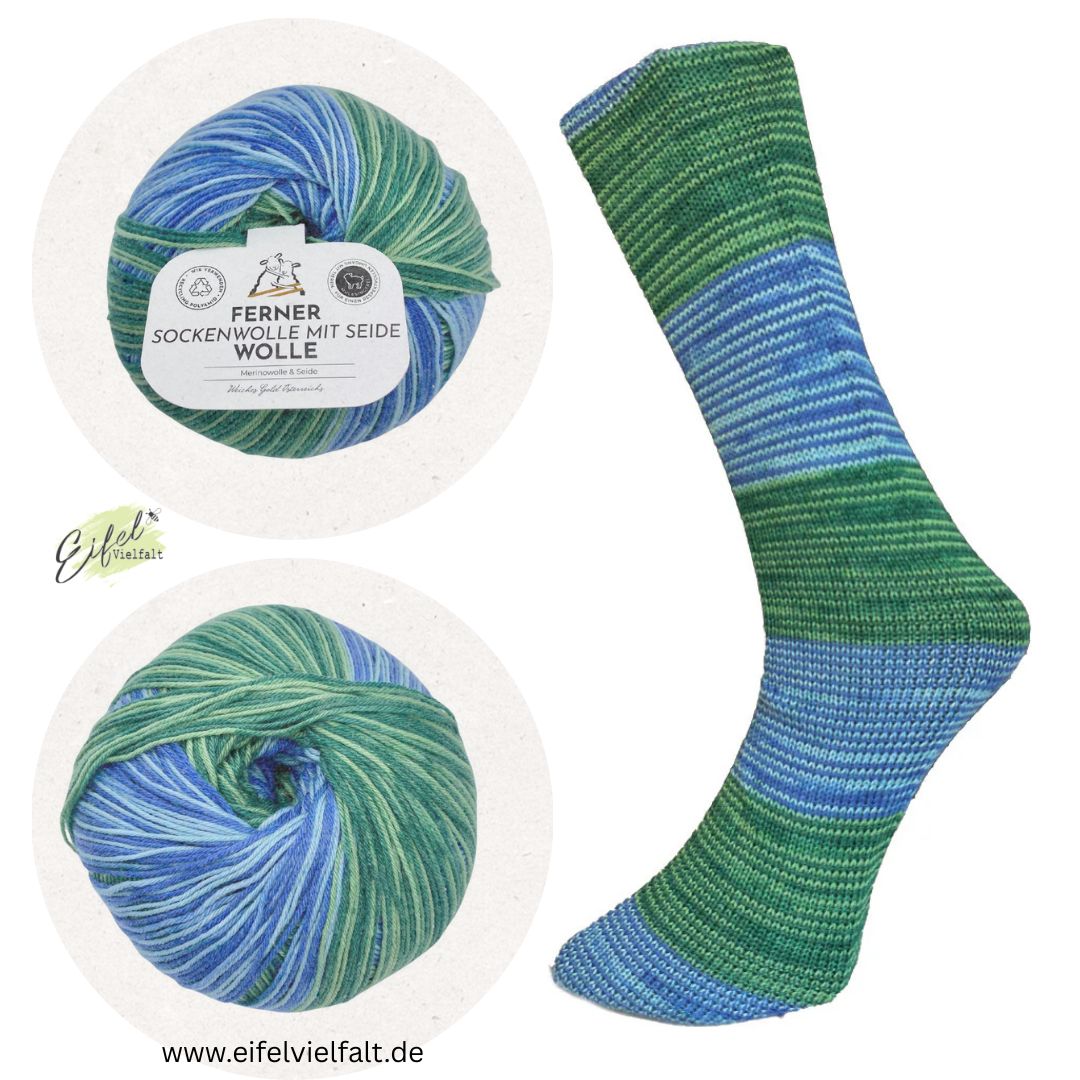 Ferner Sockenwolle mit 20% Seide 100g 4-fach zum Sockenstricken - gestrickte Socke und Knäuel in Farbe grün-blau Nr. 723/24