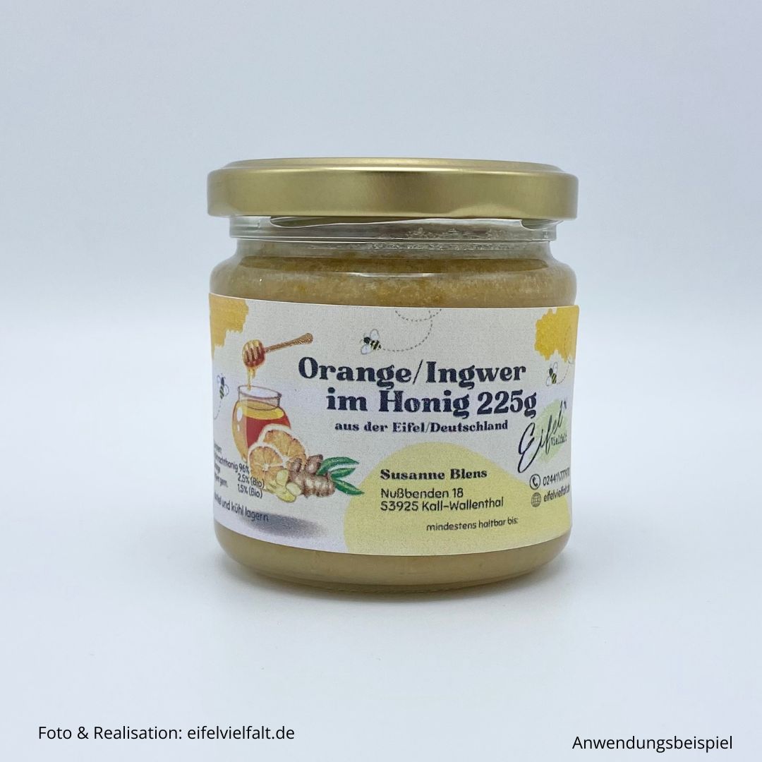 Orange Ingwer im Honig 225g Honigkreation mit fruchtiger und fein-würziger Schärfe - Einzelglas ohne Dekoration