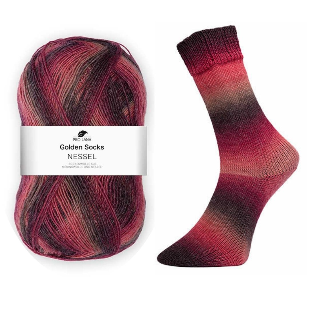 Sockenwolle Golden Socks Nessel plastikfrei Farbe 084 rot Farbverlauf Knäuel und Socke gestrickt Naturfasern