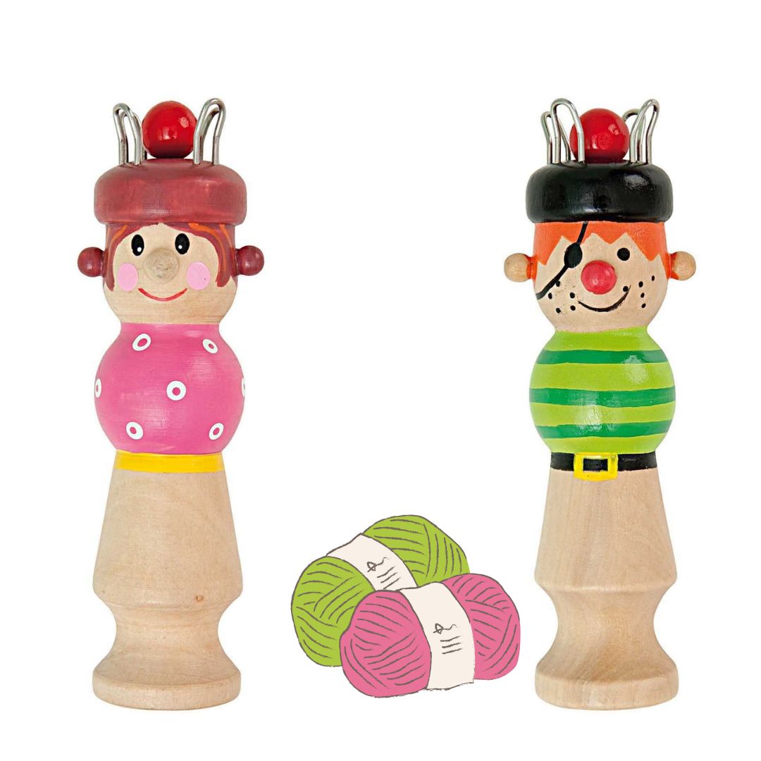 Srickliesel Desing-Auswahl 2 Figuren mit Wollknäuel als Beispiel in der Mitte