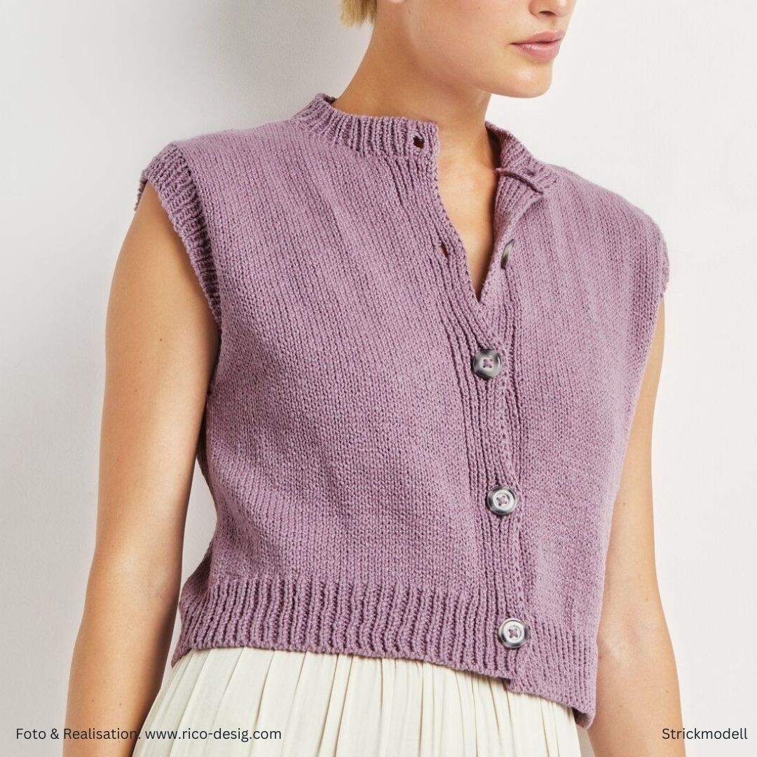 Essentials Super Cotton 50g 100% Baumwolle Muster Strickweste ohne Ärmel mit Knopfleiste in mauve