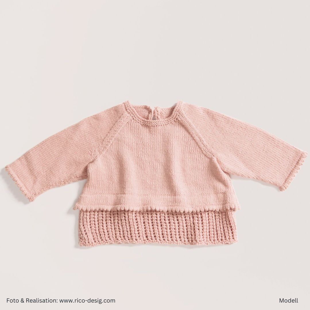 Cozy organic cashmere 50g 145m rico Baby Muster blush Babypulli gestrickt mit Lochmuster-Bündchen