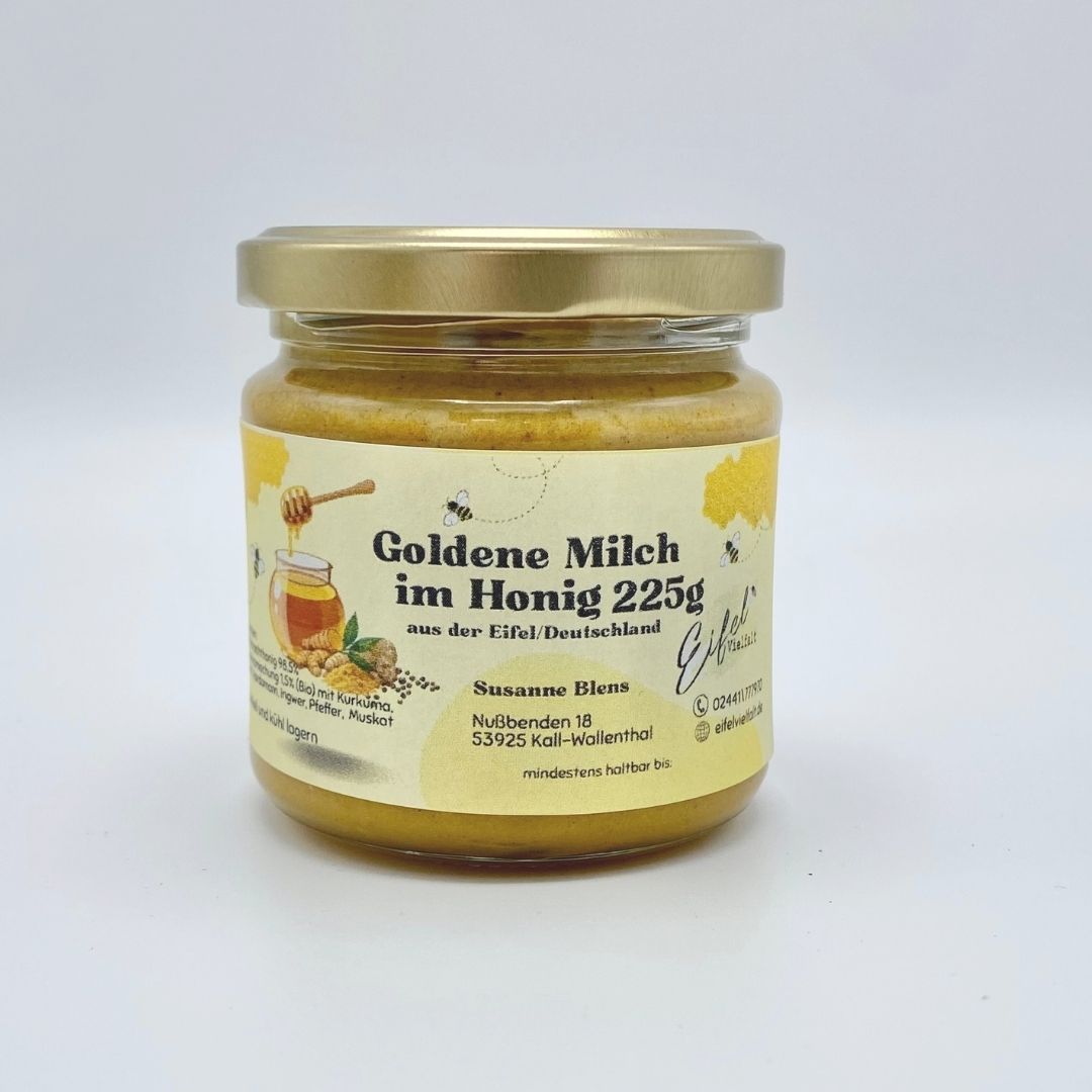 Golden Milch im Honig 225g Glas mit goldenem Deckel - Honig mit ayurvedischen Gewürzen wie Kurkuma, Ingwer, Zimt, Muskat, Pfeffer und Kardamom