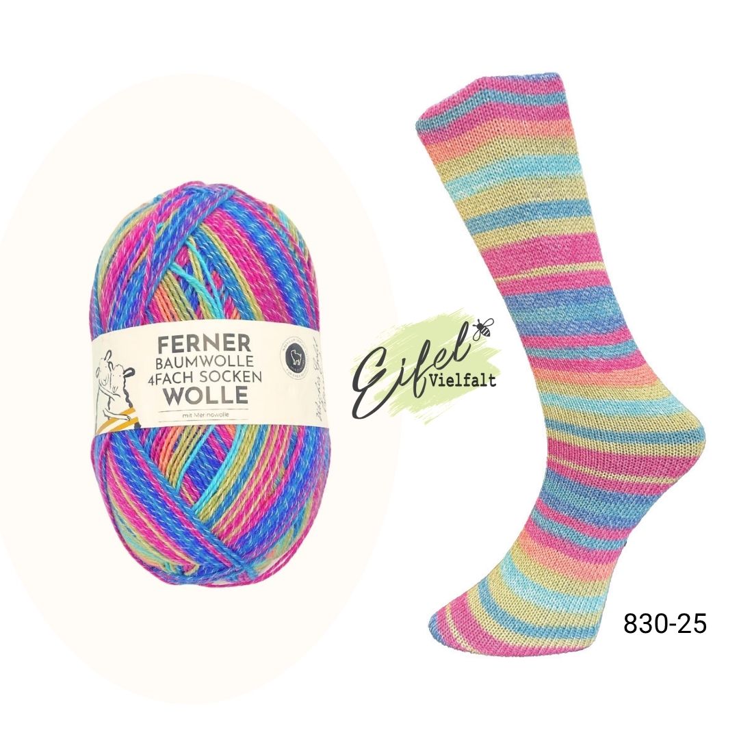 Ferner Sockenwolle 4-fach mit Baumwolle Farbe 830-25 Ranunkel 100g 425m Wollknäuel und gestrickte Socke als Muster 
