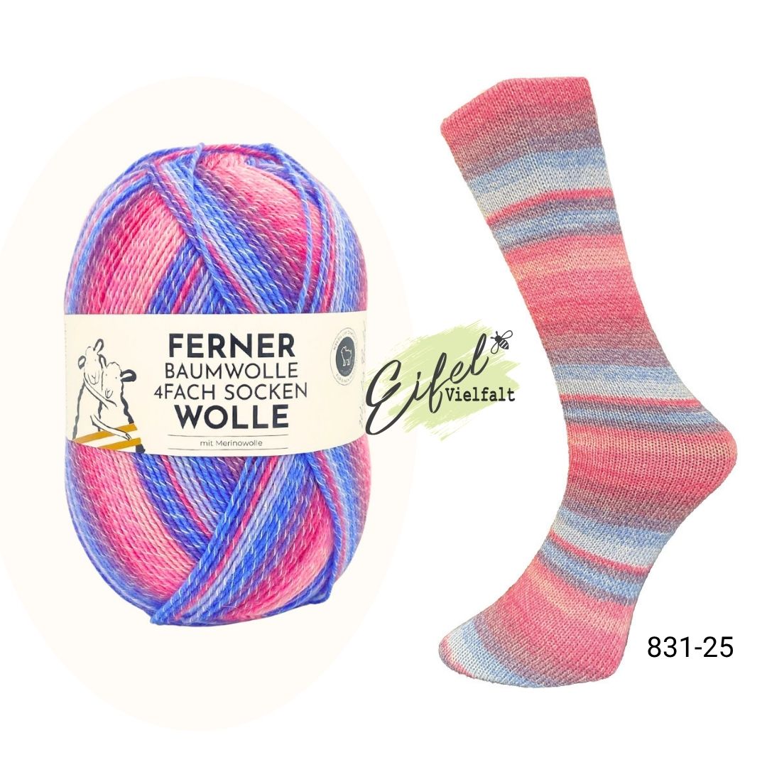 Ferner Sockenwolle 4-fach mit Baumwolle Farbe 831-25 Veilchen 100g 425m Wollknäuel und gestrickte Socke als Muster 