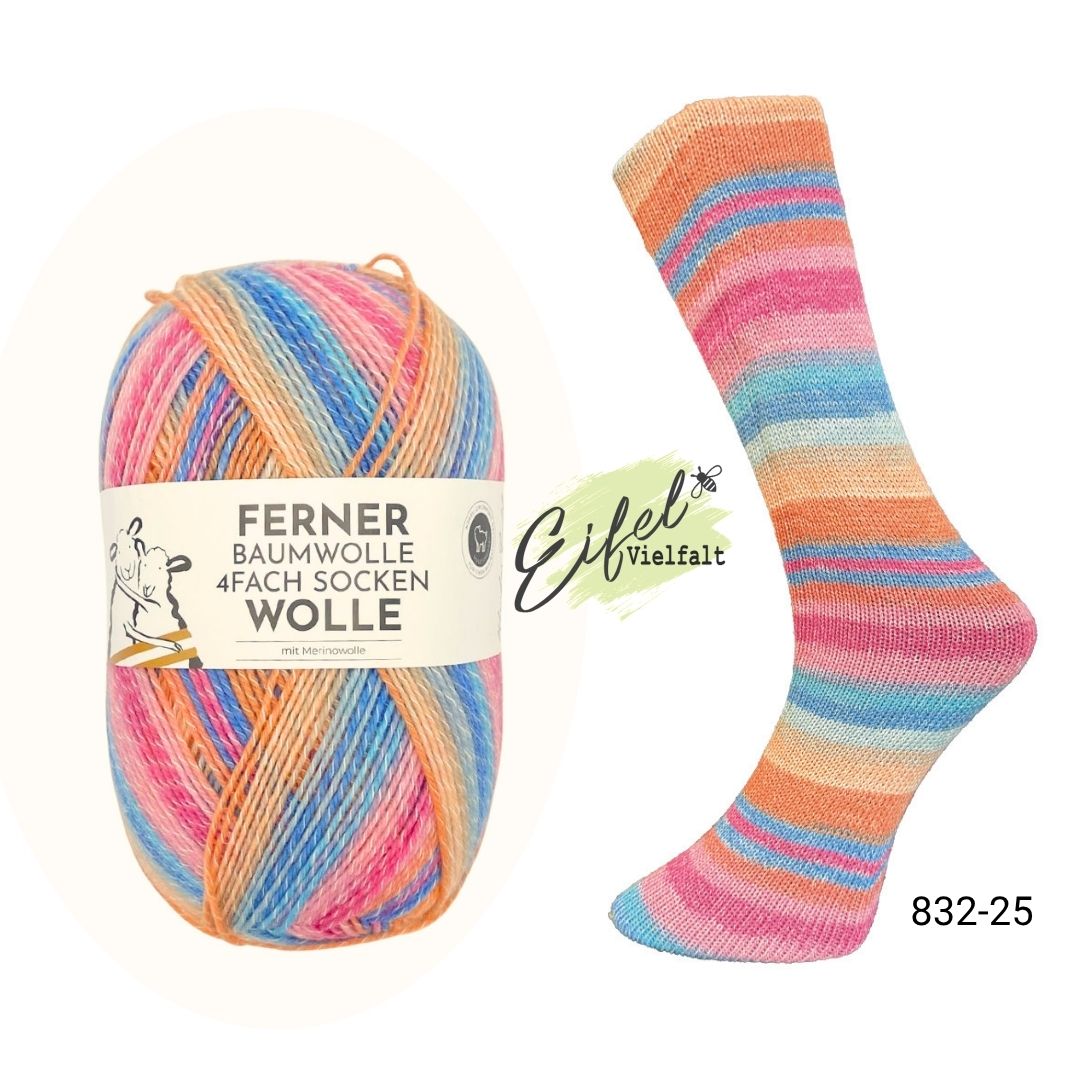 Ferner Sockenwolle 4-fach mit Baumwolle Farbe 832-25 Primel 100g 425m Wollknäuel und gestrickte Socke als Muster 