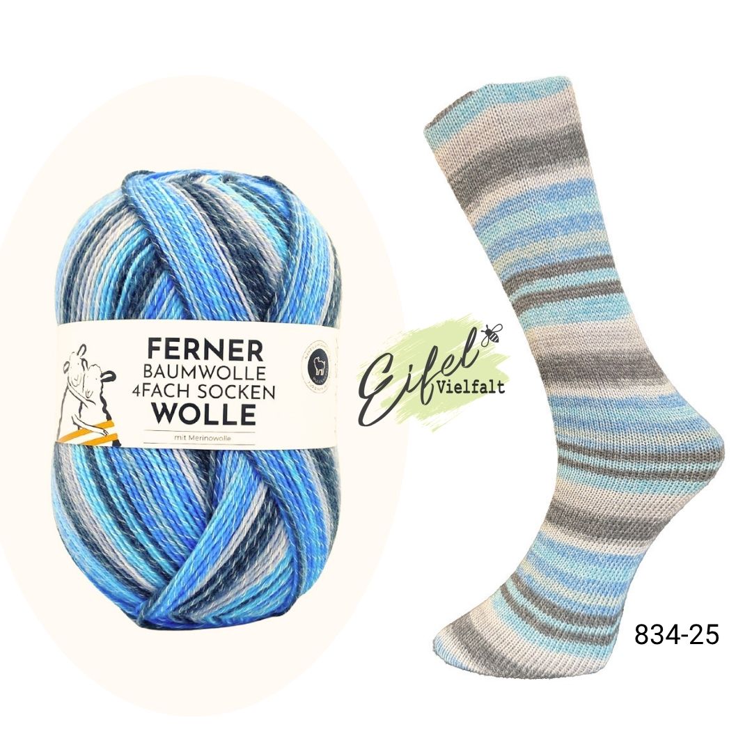 Ferner Sockenwolle 4-fach mit Baumwolle Farbe 834-25 Hyazinthe 100g 425m Wollknäuel und gestrickte Socke als Muster 