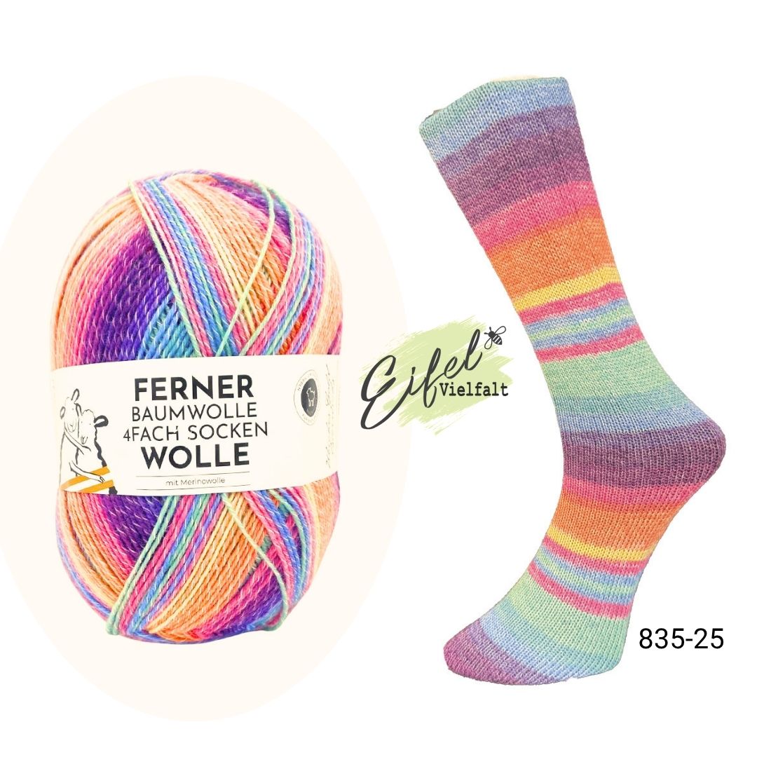 Ferner Sockenwolle 4-fach mit Baumwolle Farbe 835-25 Tulpe 100g 425m Wollknäuel und gestrickte Socke als Muster 